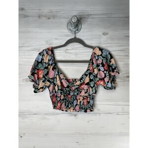 B.O.G Collective Blouse Womens Medium Black Floral Puff Sleeve Smocked Crop‎